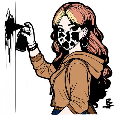 realistic girl with mask spray painting a wall