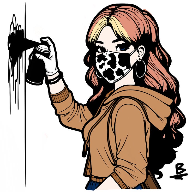 realistic girl with mask spray painting a wall