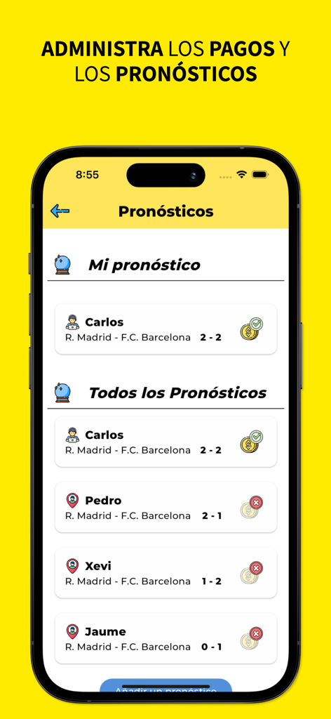 Porra - Una interfaz de aplicación móvil que muestra una lista de predicciones de resultados de fútbol y los indicadores de estado de pago para un grupo deportivo