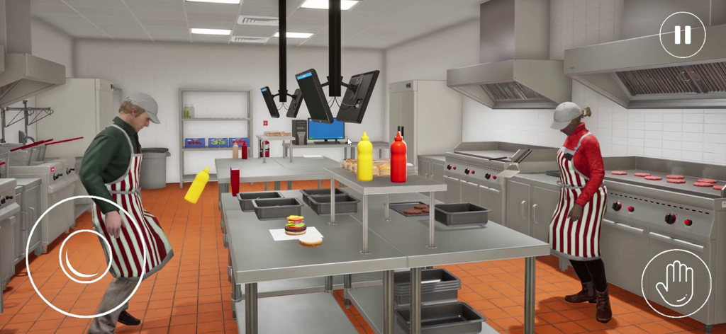 Fast Food Restaurant Simulator - スタッフがハンバーガーを準備し、グリルを管理しているファストフードレストランシミュレーターの3Dキッチンシーン