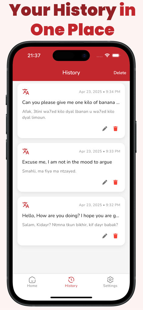GoDarija Moroccan Translator - GoDarija app history screen showing a list of saved English to Moroccan Darija translations.