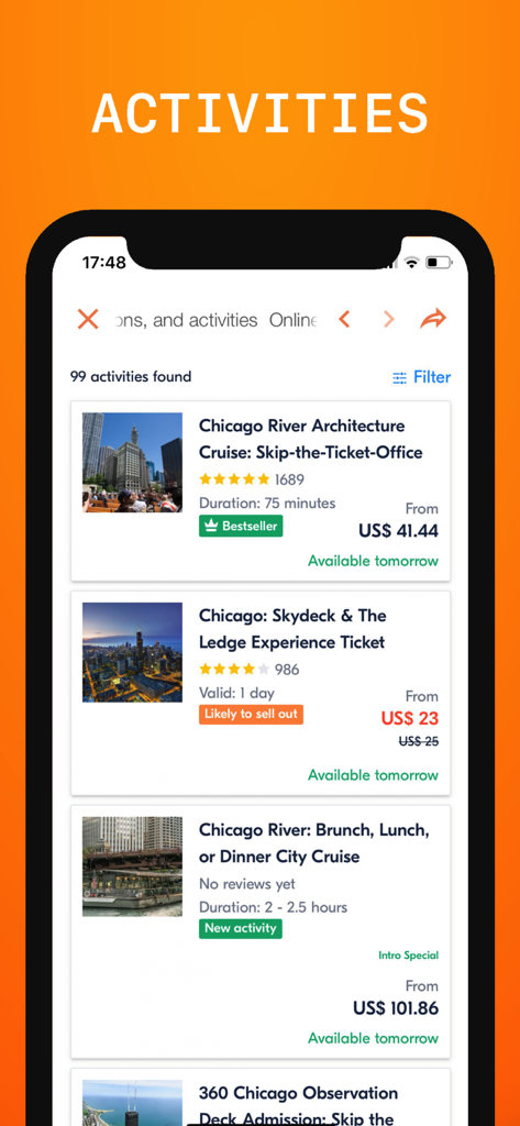 Chicago Travel Guide . - Chicago travel guide app displaying available city tours and attraction tickets with prices