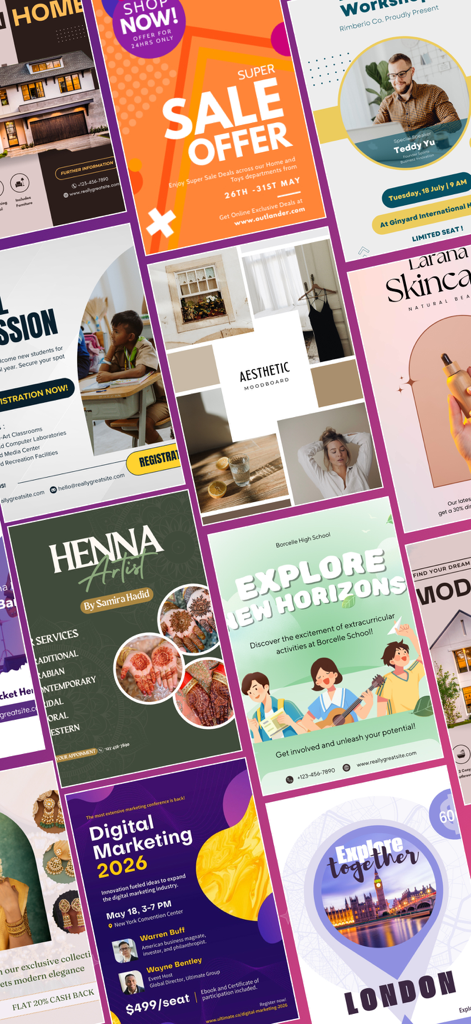 AI Flyer Maker + Poster Maker - Collage of diverse flyer and poster templates for business and social media