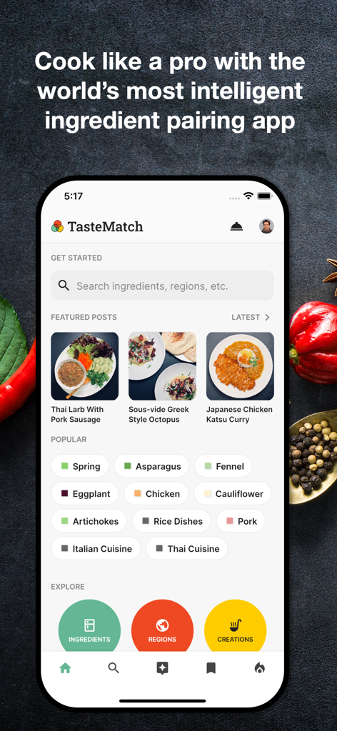 TasteMatch - TasteMatch app home screen featuring cooking inspirations and ingredient search