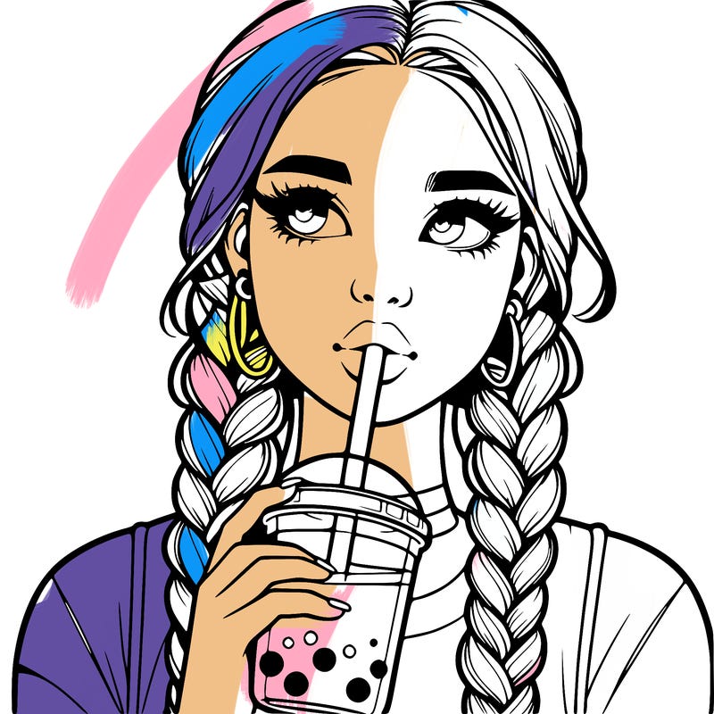 realistic girl with braided hair drinking boba