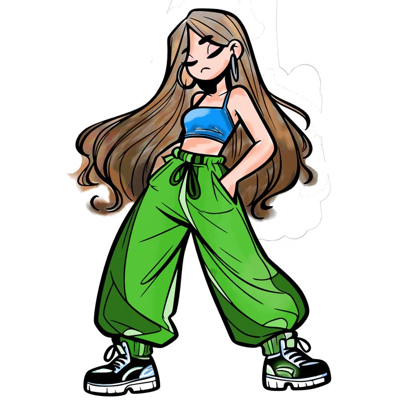girl in baggy pants crop top and long hair