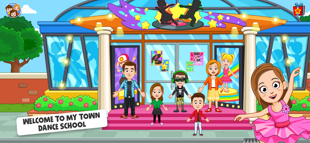 Cartoon characters standing in front of the My Town Dance School entrance