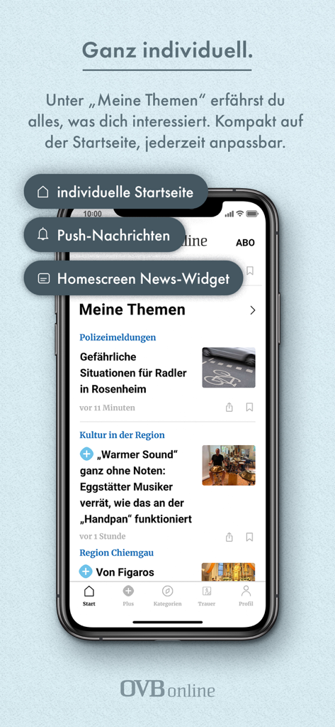 OVB online - OVB online App, die personalisierte Nachrichtenthemen und Benachrichtigungsfunktionen auf einem Smartphone zeigt.