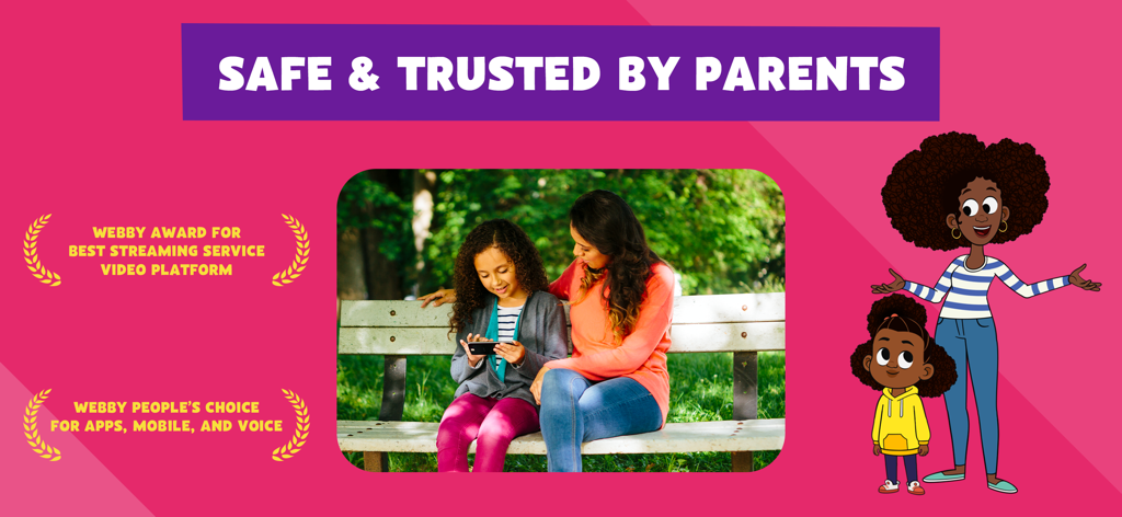 PBS KIDS Video - Promotional graphic for PBS KIDS Video showing a mother and daughter using the app on a smartphone with award badges and the text Safe and Trusted by Parents