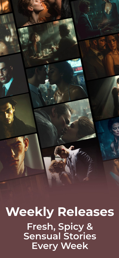 Collage of romantic couples illustrating fresh and sensual weekly audio story releases.