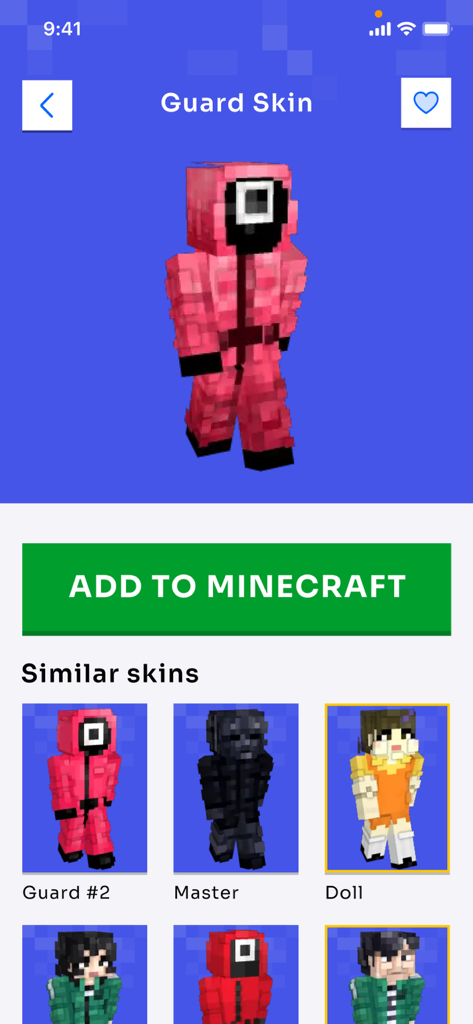 Skins for Minecraft PE ▸ - Visualização detalhada de uma skin de guarda no aplicativo Skins para Minecraft PE.