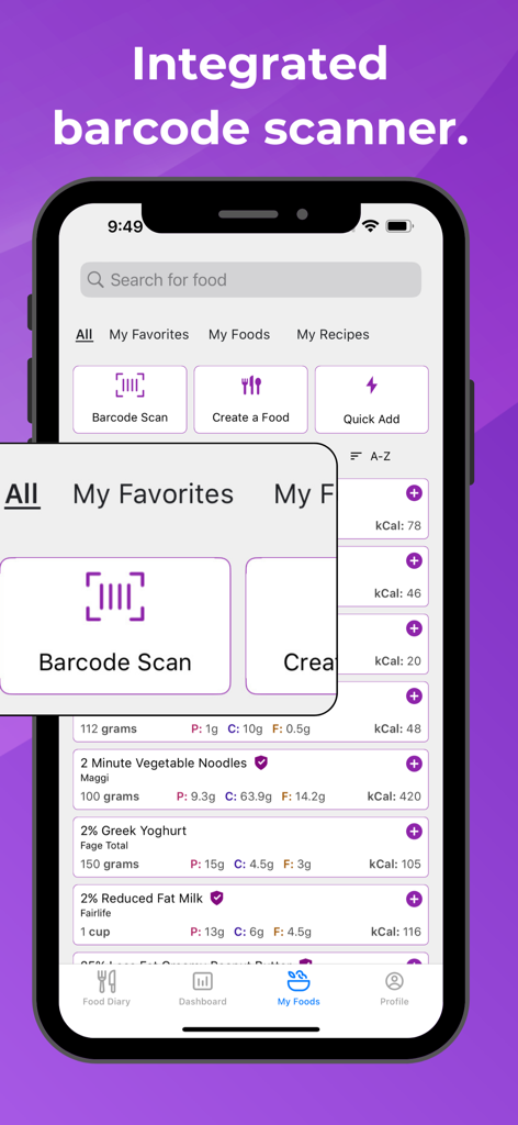 Macro Sync - Screenshot of Macro Sync mobile app showing the integrated barcode scanner and food diary interface with calorie and macro tracking details.