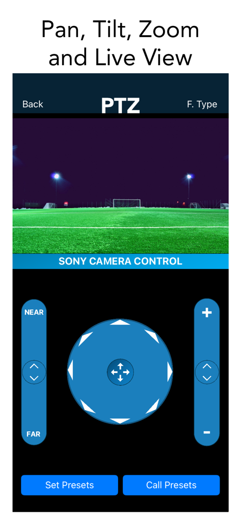 Interface of the PTZ Camera Controller app showing a live video feed of a soccer field with pan tilt and zoom controls