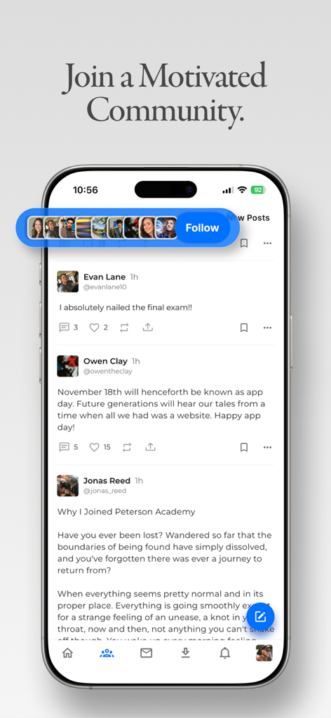 Peterson Academy - Peterson Academy app social feed showing community student posts