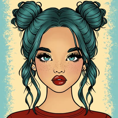 realistic girl with two buns in hair and lips
