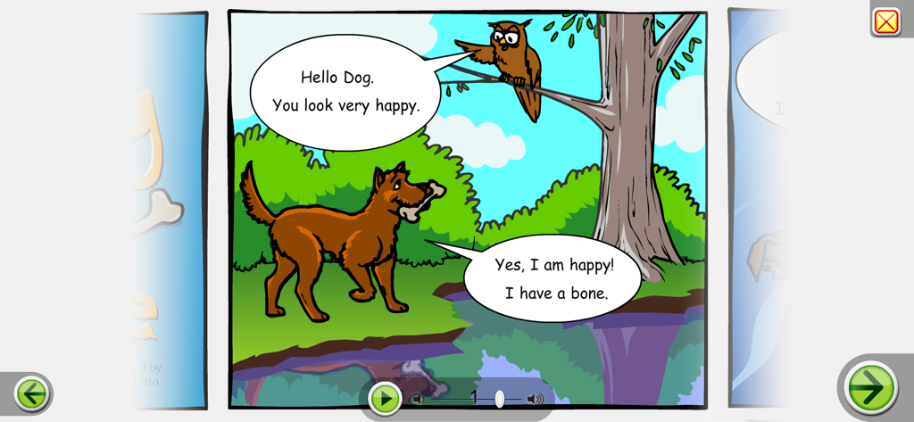 말풍선이 있는 올빼미와 개의 대화를 특징으로 하는 만화 스타일 읽기 페이지