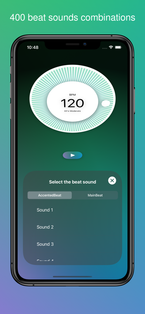 Metronome - Metronome Pro - Metronome ProのiPhone画面に、ビートサウンド選択メニューと120 BPMダイヤルが表示されている