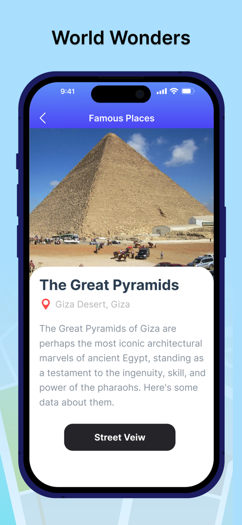 App-Screenshot zeigt die Pyramiden von Gizeh im Abschnitt Weltwunder der Live Street View App