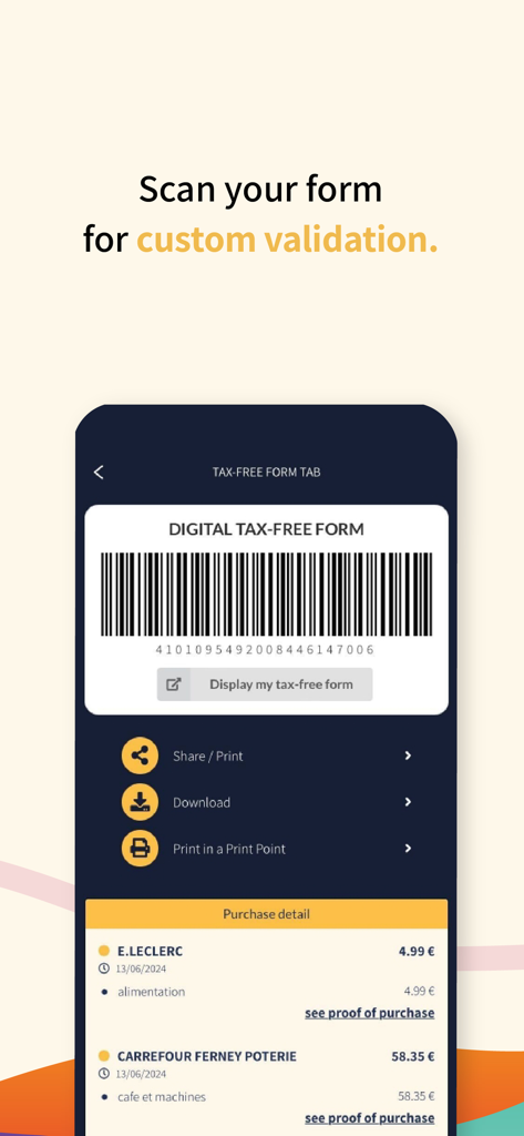 Digital tax free form and barcode for customs validation on the Savin Tax Free app