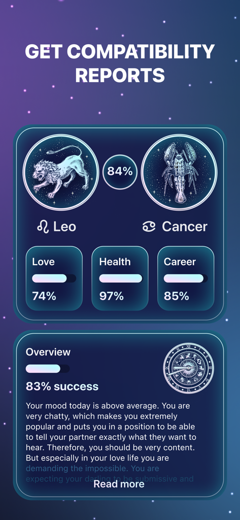 Zodiac compatibility report for Leo and Cancer showing relationship and life scores