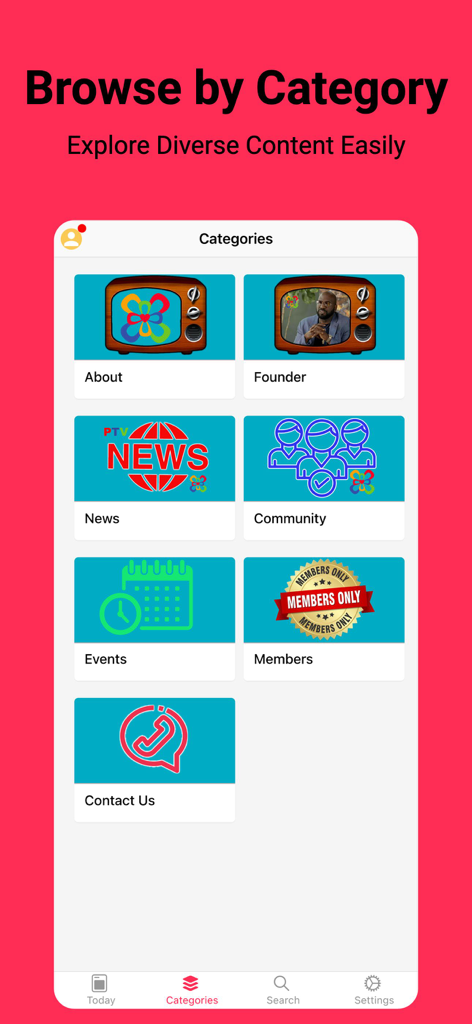 Philanthrop' TV - Capture d'écran de l'application Philanthrop TV montrant l'écran de navigation par catégorie avec des icônes pour actualités, communauté et événements