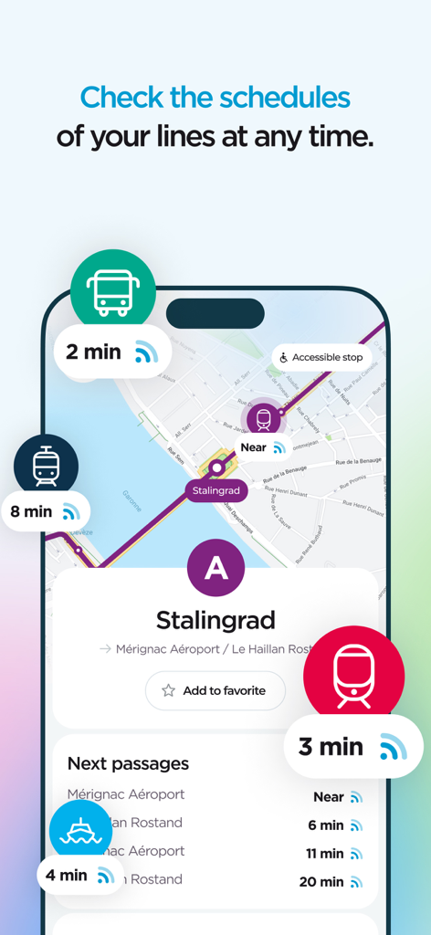 Interfaz de la aplicación TBM mobilites mostrando horarios de transporte público en tiempo real y mapa en Burdeos