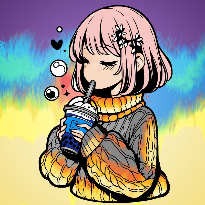 manga girl drinking boba in cozy sweater