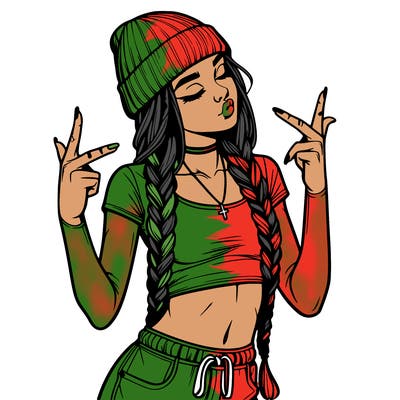 realistic teenage girl with braids and a beanie and crop top doing 🫶🏼