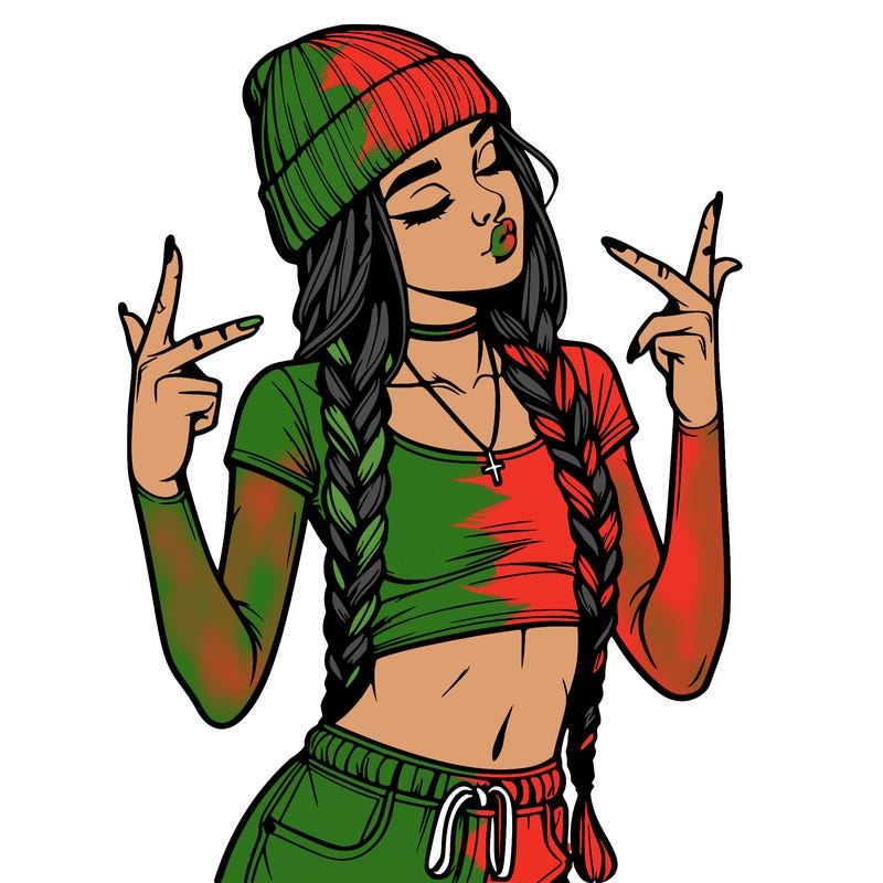 realistic teenage girl with braids and a beanie and crop top doing 🫶🏼