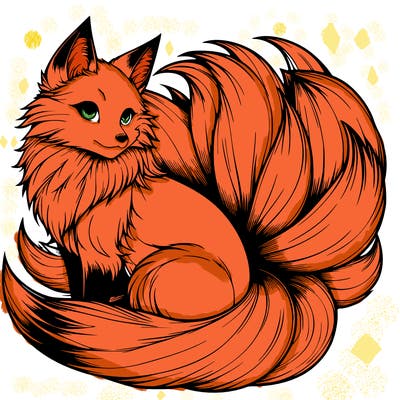 realistic detailed 9 tailed anime fox
