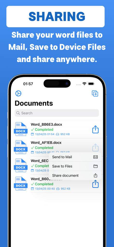 PDF Converter PDF to Word docx - Mobile app interface showing converted Word documents and sharing options