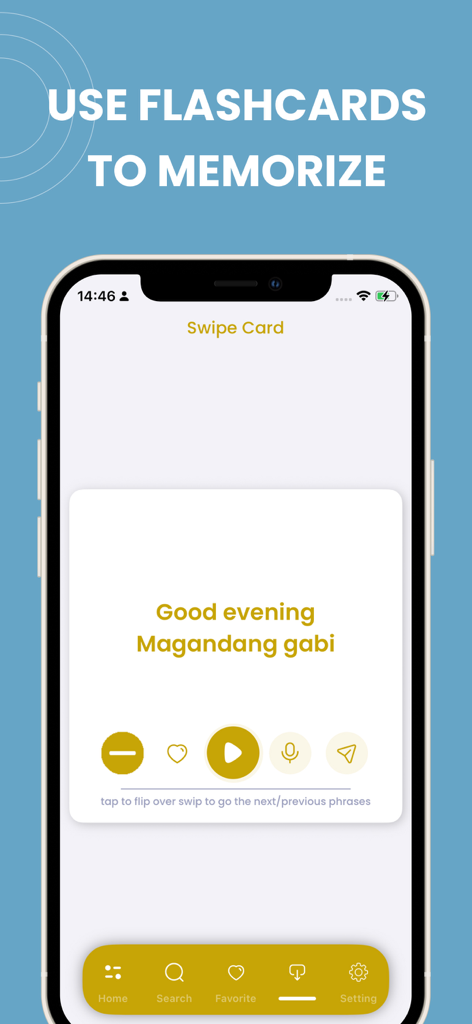 Learn Tagalog app flashcard screen displaying the phrase Good evening in English and Tagalog