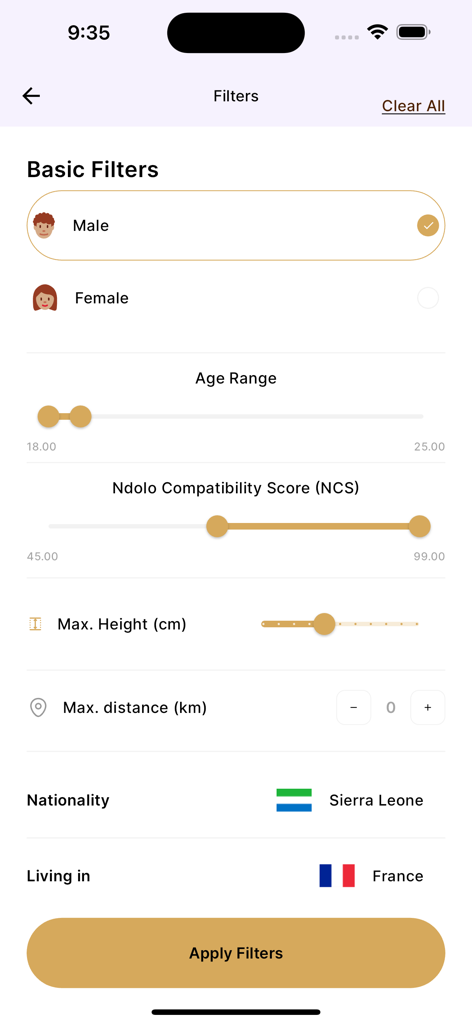 Elite Ndolo - Afro Dating - Filtros de búsqueda para la aplicación Elite Ndolo que incluyen edad, nacionalidad y compatibilidad