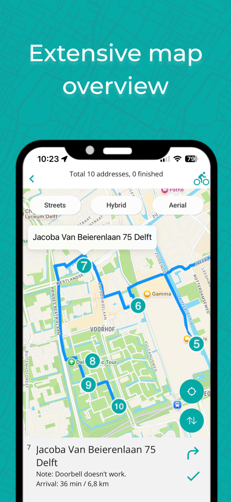 IBI - Optimal route planner - IBI app map interface displaying an optimized multi-stop delivery route with notes and arrival information