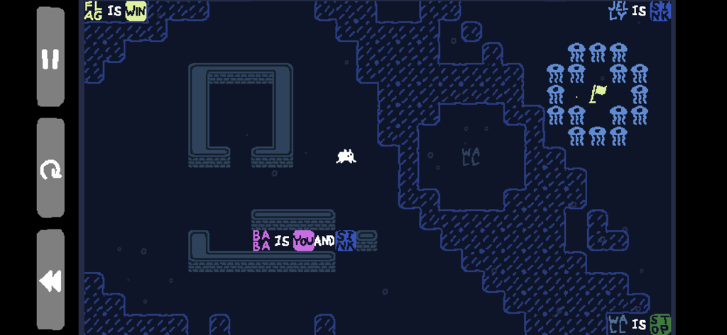 Baba Is You - Screenshot of a Baba Is You level showing word blocks and character manipulation logic