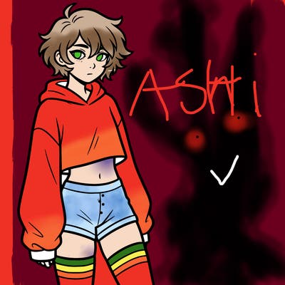 femboy with short hair wearing thigh highs and baggy crop top