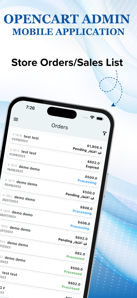 Opencart Admin Mobile App. - Oberfläche der Opencart Admin App, die eine Liste von Shop-Bestellungen und Verkaufsstatus anzeigt