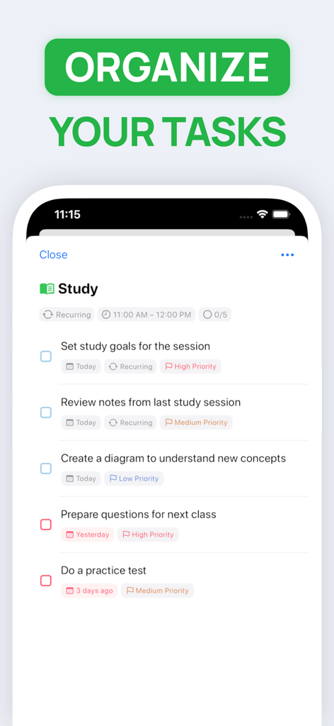 SuperPlanner: Daily Planner - Interface showing a list of study tasks with priority tags and schedule in the SuperPlanner app