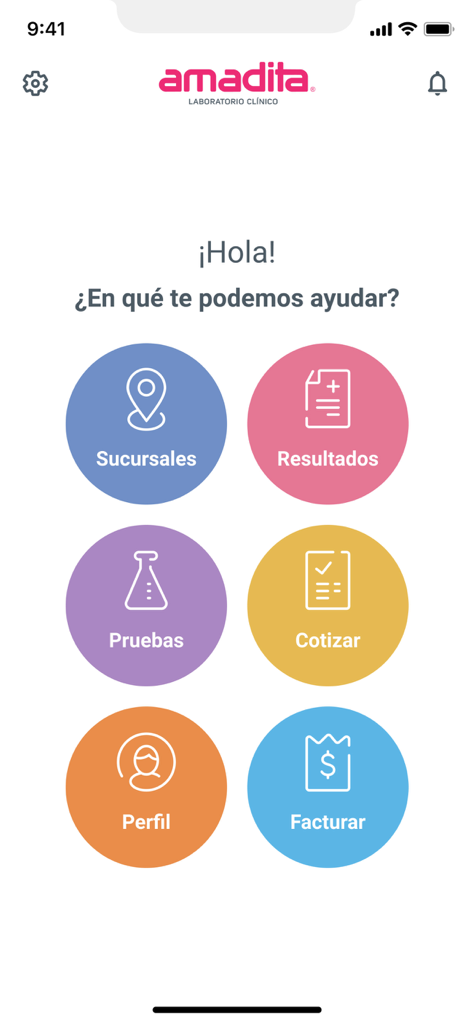 Ecrã inicial da aplicação do laboratório clínico Amadita mostrando as principais opções do menu, como resultados, exames e faturação