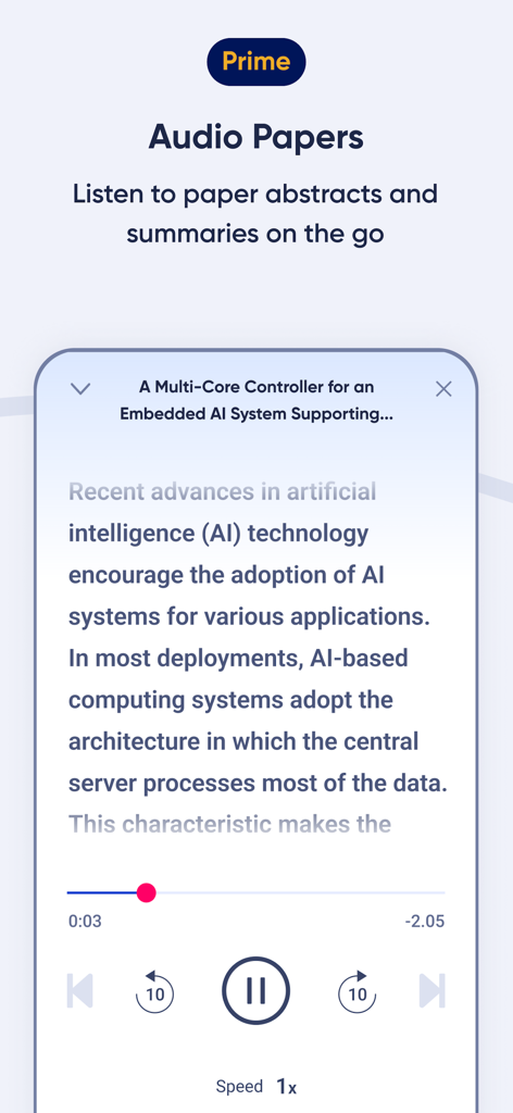 R Discovery: Academic Research - R Discovery audio player interface for listening to research paper abstracts and summaries