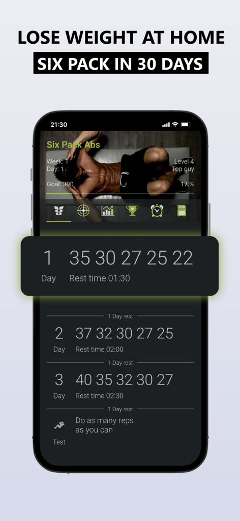 Titan - Home Workout & Fitness - Interfaz de la aplicación de fitness Titan que muestra un programa de entrenamiento de abdominales de 30 días con repeticiones diarias