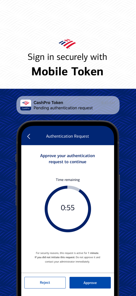 CashPro - Bank of America CashPro app showing a secure mobile token push authentication request on a smartphone