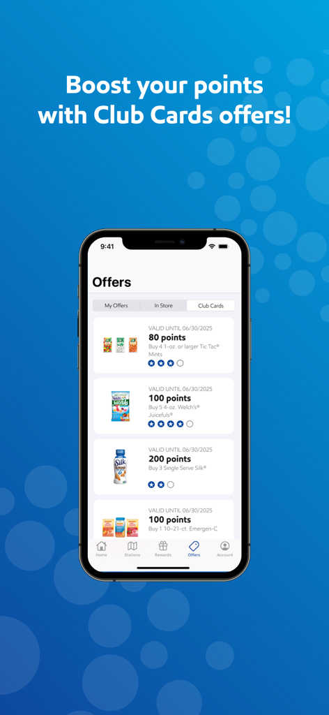 Schermata dell'app Exxon Mobil Rewards che mostra le offerte delle Carte Club per guadagnare punti su snack e bevande.