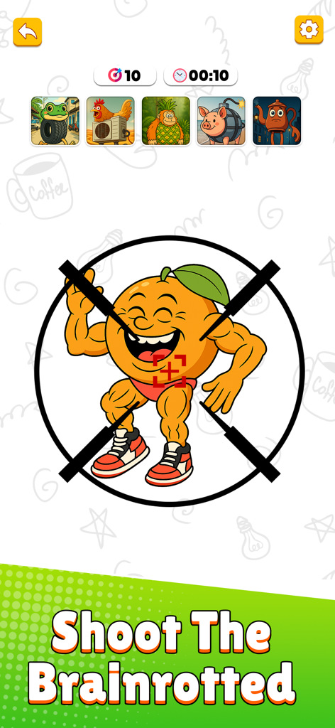 Brainrotted Soundmix & AR - Una pantalla de juego móvil que muestra un desafío de disparos con un personaje naranja musculoso y otras criaturas de memes