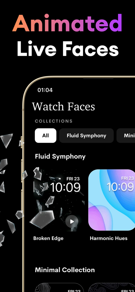 Watch Faces Gallery: Coolz - Screenshot of Watch Faces Gallery app showing animated live watch faces for Apple Watch customization.