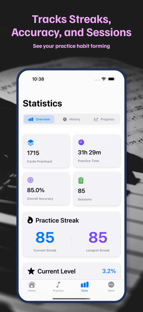 Jazz Piano Voicings - A statistics dashboard in the Jazz Piano Voicings app tracking practice time, accuracy, and streaks.