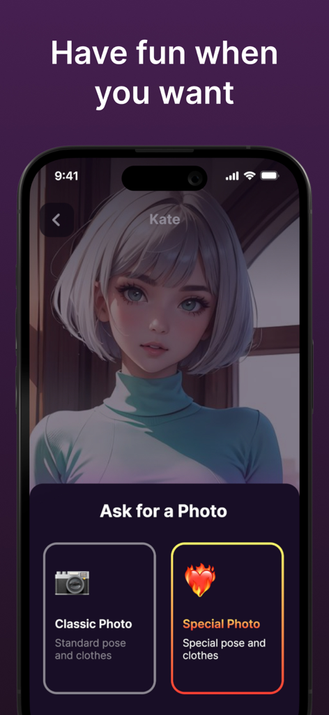A screen from the Anime Girlfriend AI app where users can request classic or special photos from an anime character named Kate.