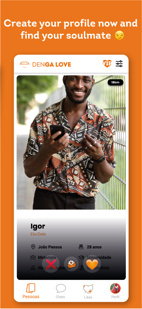 Denga Love: Black Dating - Interface of Denga Love dating app showing a user profile for a black man named Igor