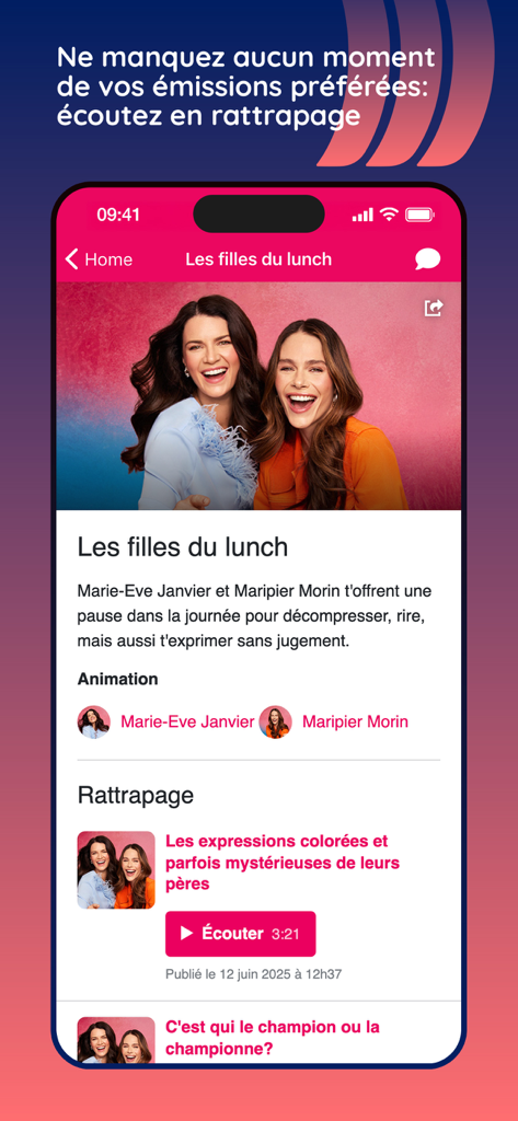 Interface of the Cogeco Media app showing the catchup section for the radio show Les filles du lunch with hosts Marie-Eve Janvier and Maripier Morin