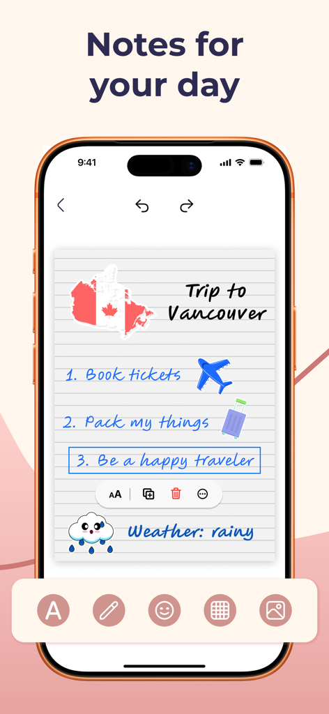 Daily Planner & Task Manager - Uma página de anotações visuais no aplicativo Planejador Diário mostrando um plano de viagem escrito à mão para Vancouver com adesivos e esboços.